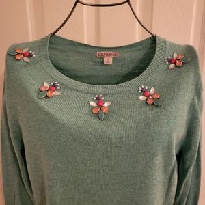 Turquoise Bejeweled Collar Sweater